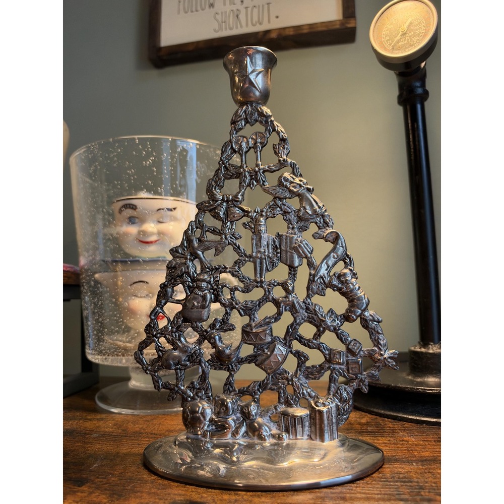 Vintage Godinger Silver Plated Christmas Tree Candle Holder 11" Holiday Decor